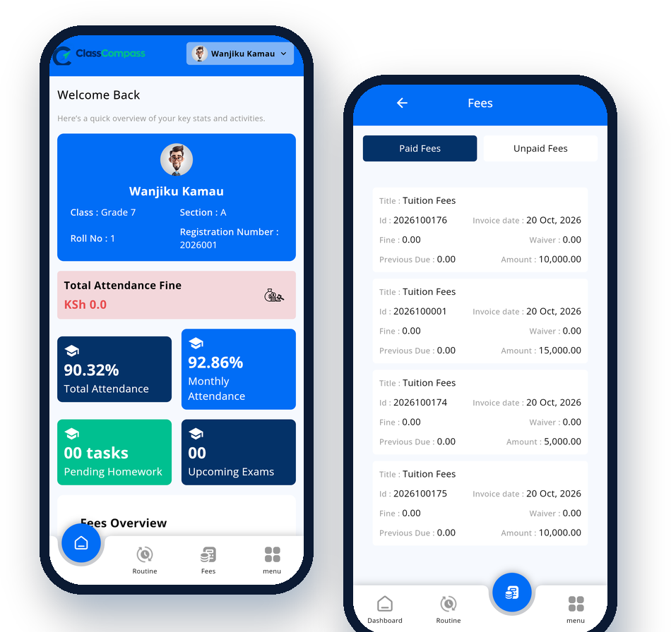 Real Class Compass parent portal screens: dashboard and fee statement
